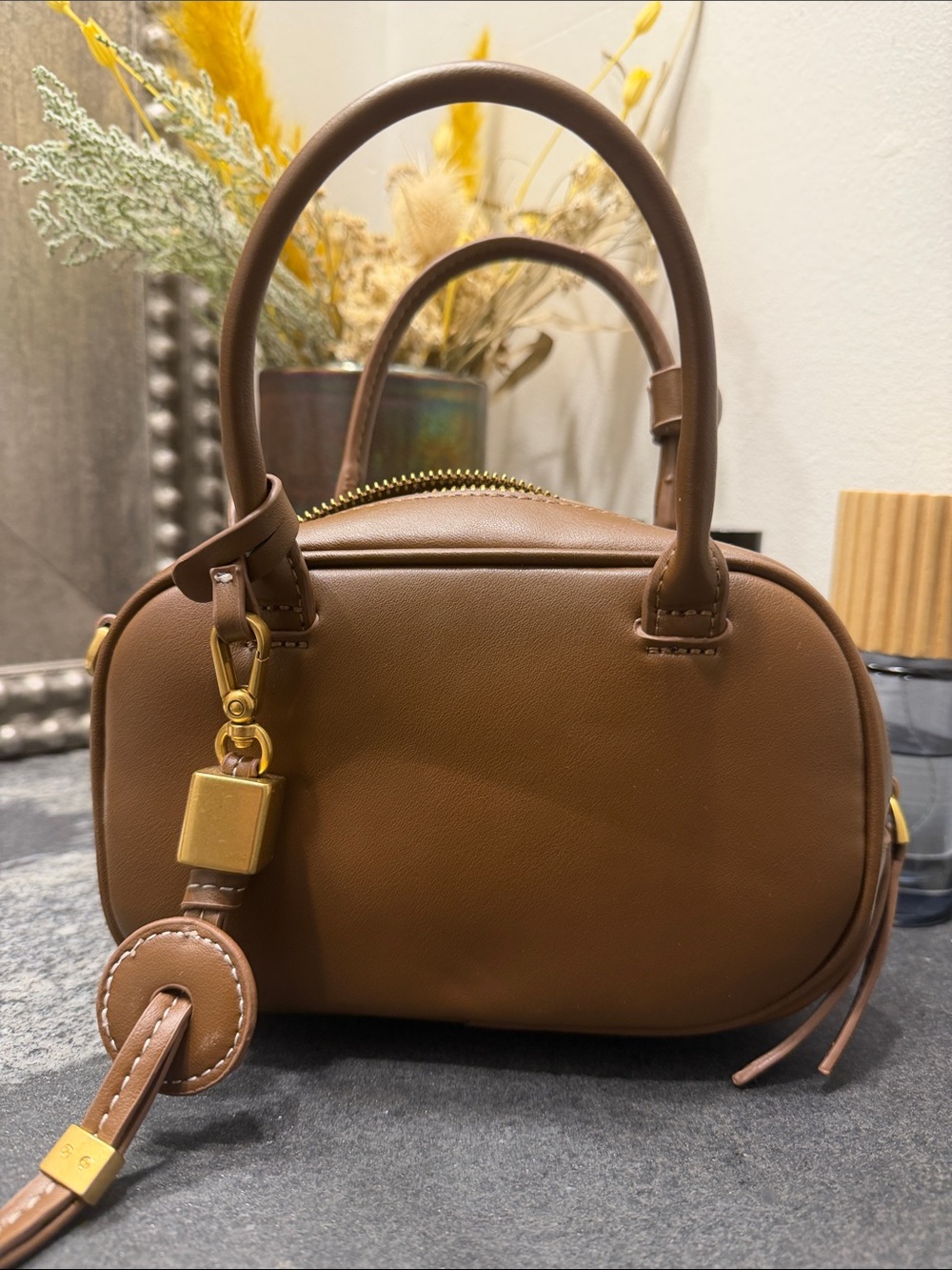 Zara Cognac Brown Structured Mini Top-Handle Bag
